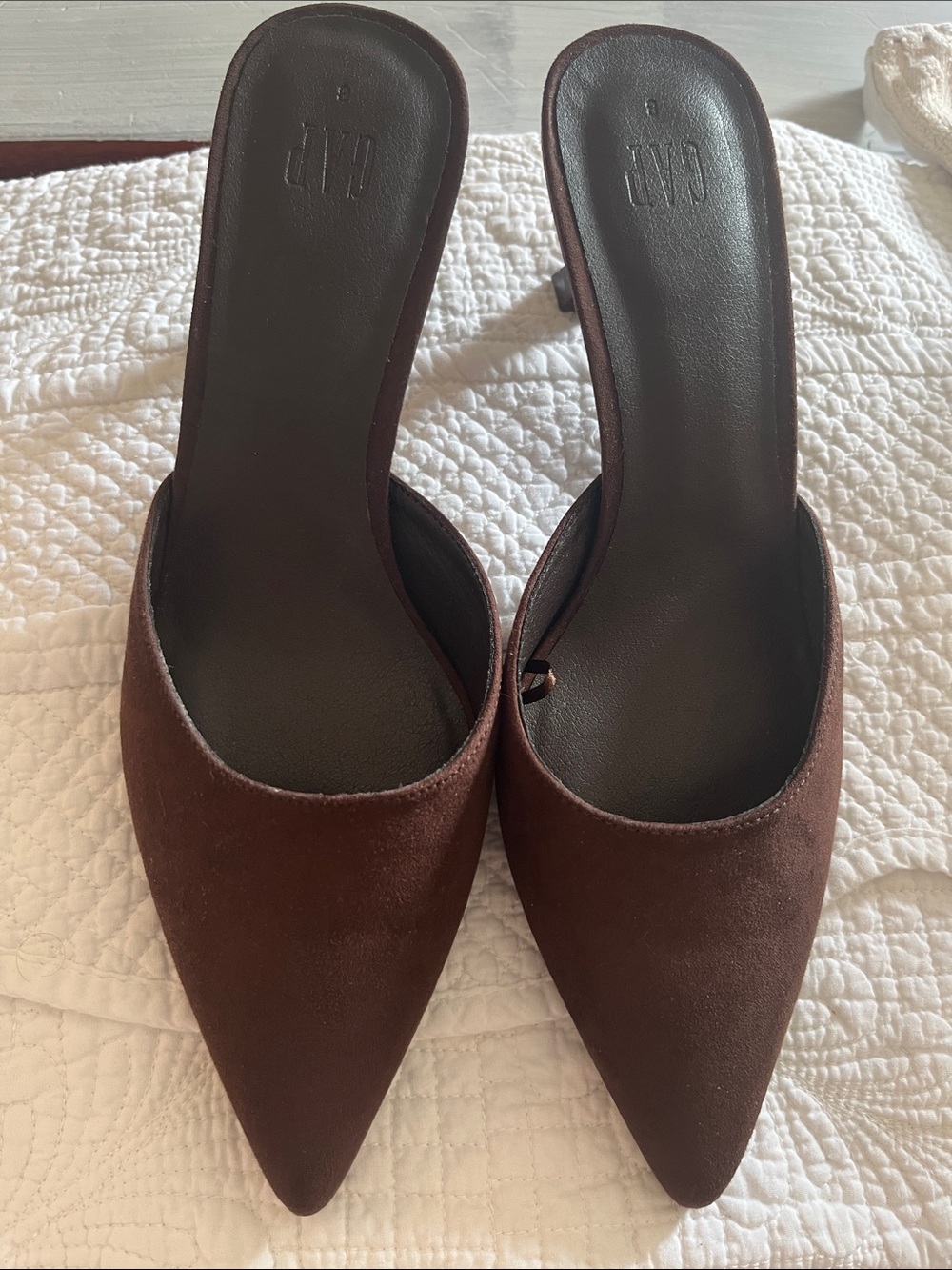 Quiet luxury GAP chocolate cake Brown vegan Suede Pointed-Toe Mule Heels